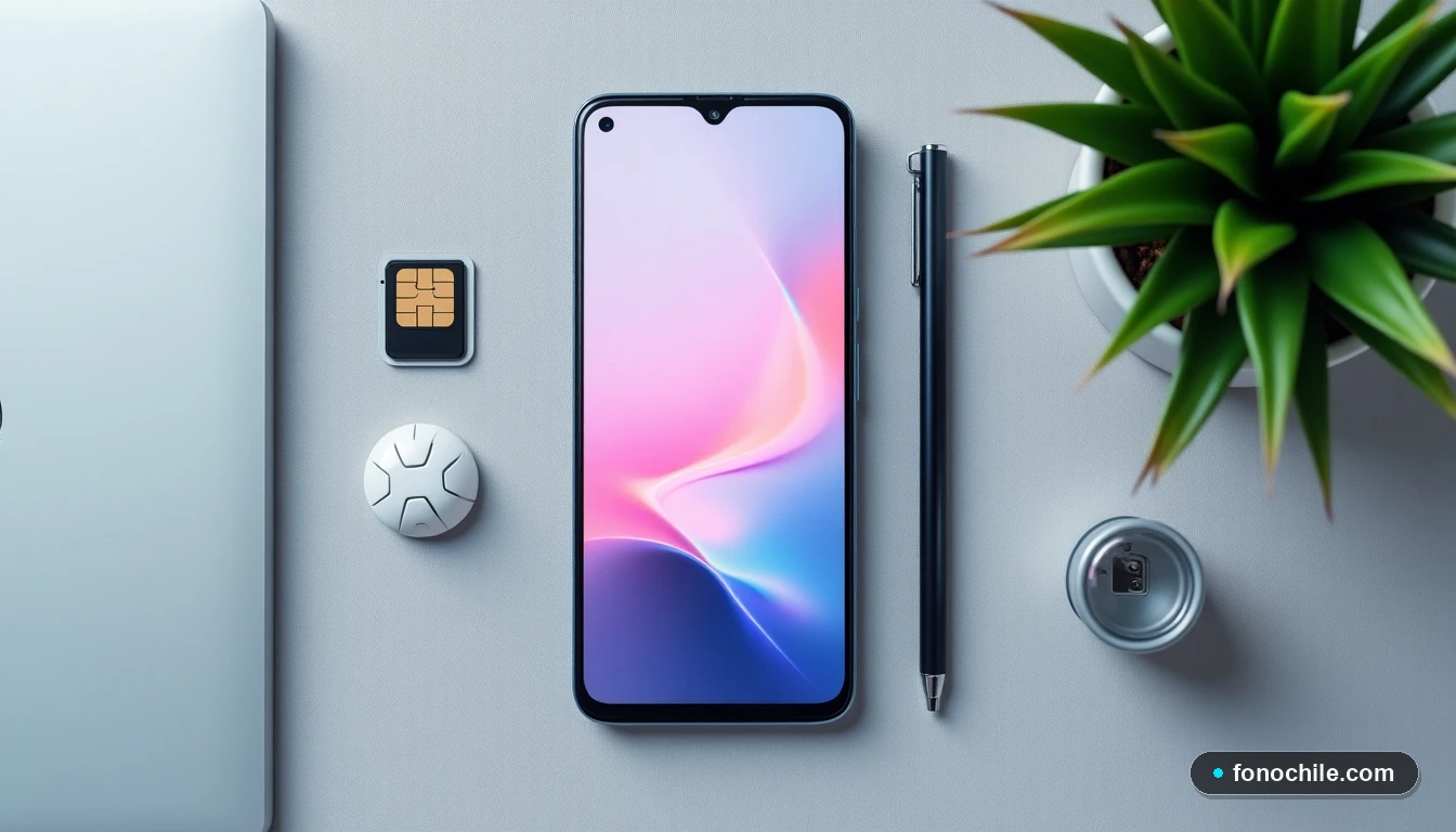 Composición plana de un teléfono inteligente con accesorios, representando las opciones y servicios de WOM.