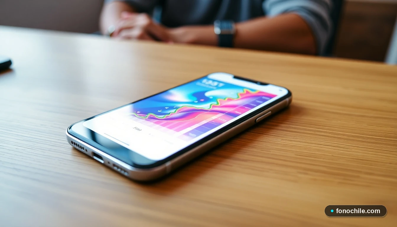 Gráfico abstracto de colores mostrando tendencias de precios de vuelos en la pantalla de un smartphone moderno.