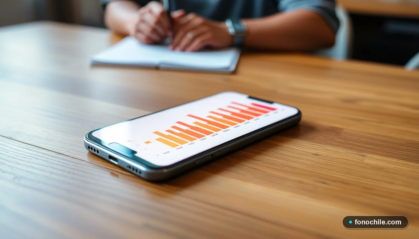 Un smartphone moderno junto a gráficos abstractos de datos, representando el análisis de opciones de compra de dispositivos.
