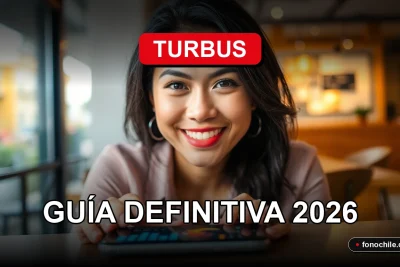 Una mujer sonriente consulta la aplicación de Turbus en su teléfono inteligente sobre un fondo moderno y minimalista.