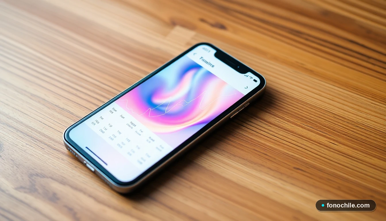 Smartphone mostrando una aplicación de viajes con gráficos de colores sobre rutas y reservas de buses en Chile.