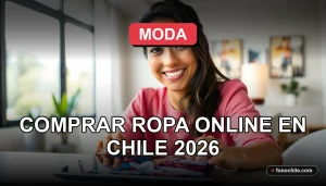 Una mujer latina sonriente mira a la cámara mientras revisa ropa en una tablet, representando la experiencia de comprar moda online en Chile.