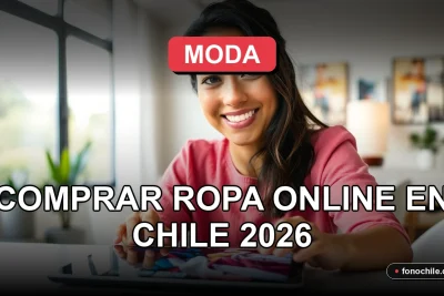 Una mujer latina sonriente mira a la cámara mientras revisa ropa en una tablet, representando la experiencia de comprar moda online en Chile.
