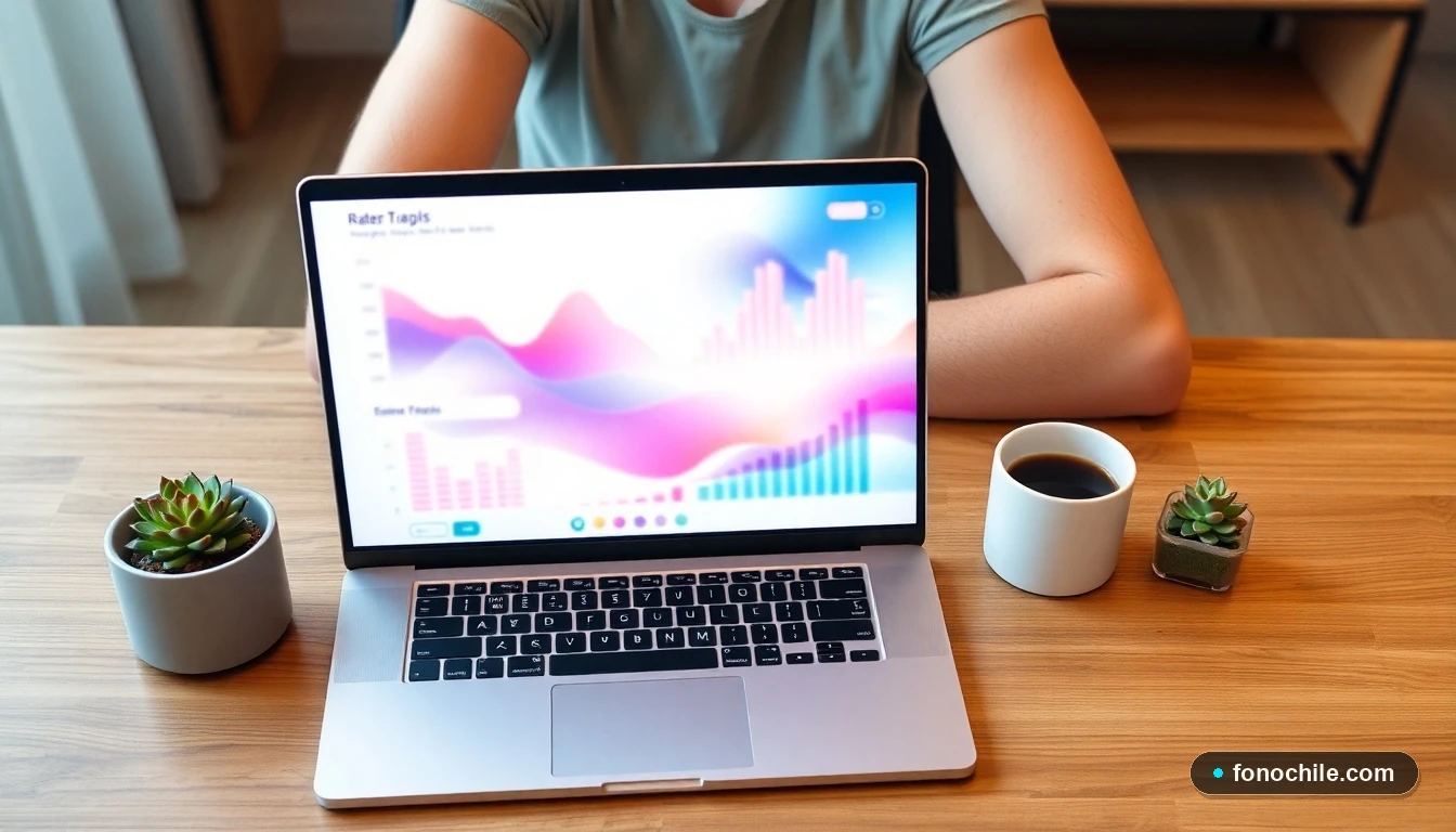 Joven revisando gráficos de tendencias de moda en su computador portátil para una compra online inteligente.