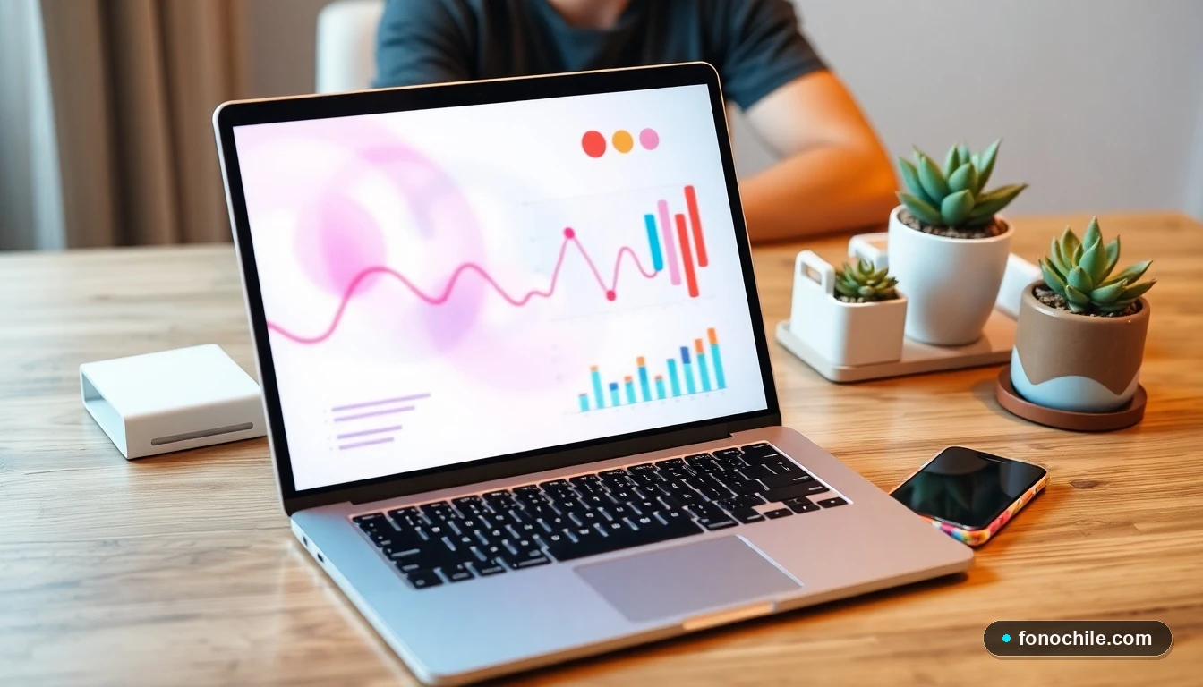 Escritorio moderno con laptop mostrando gráficos de ahorro y accesorios de estilo asequible para el hogar.