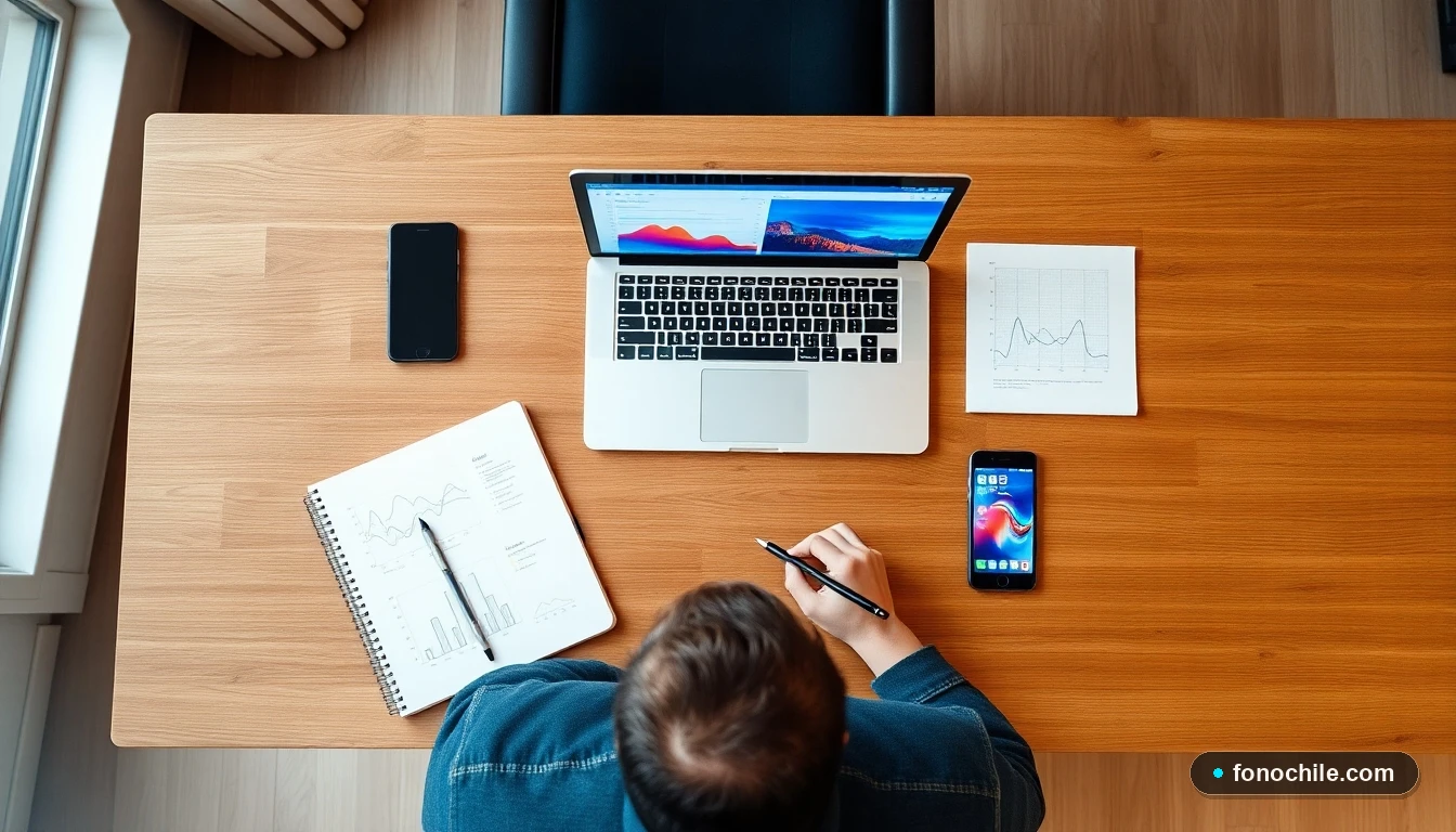 Escritorio moderno en Chile con dispositivos mostrando gráficos abstractos de datos para una comunicación efectiva.