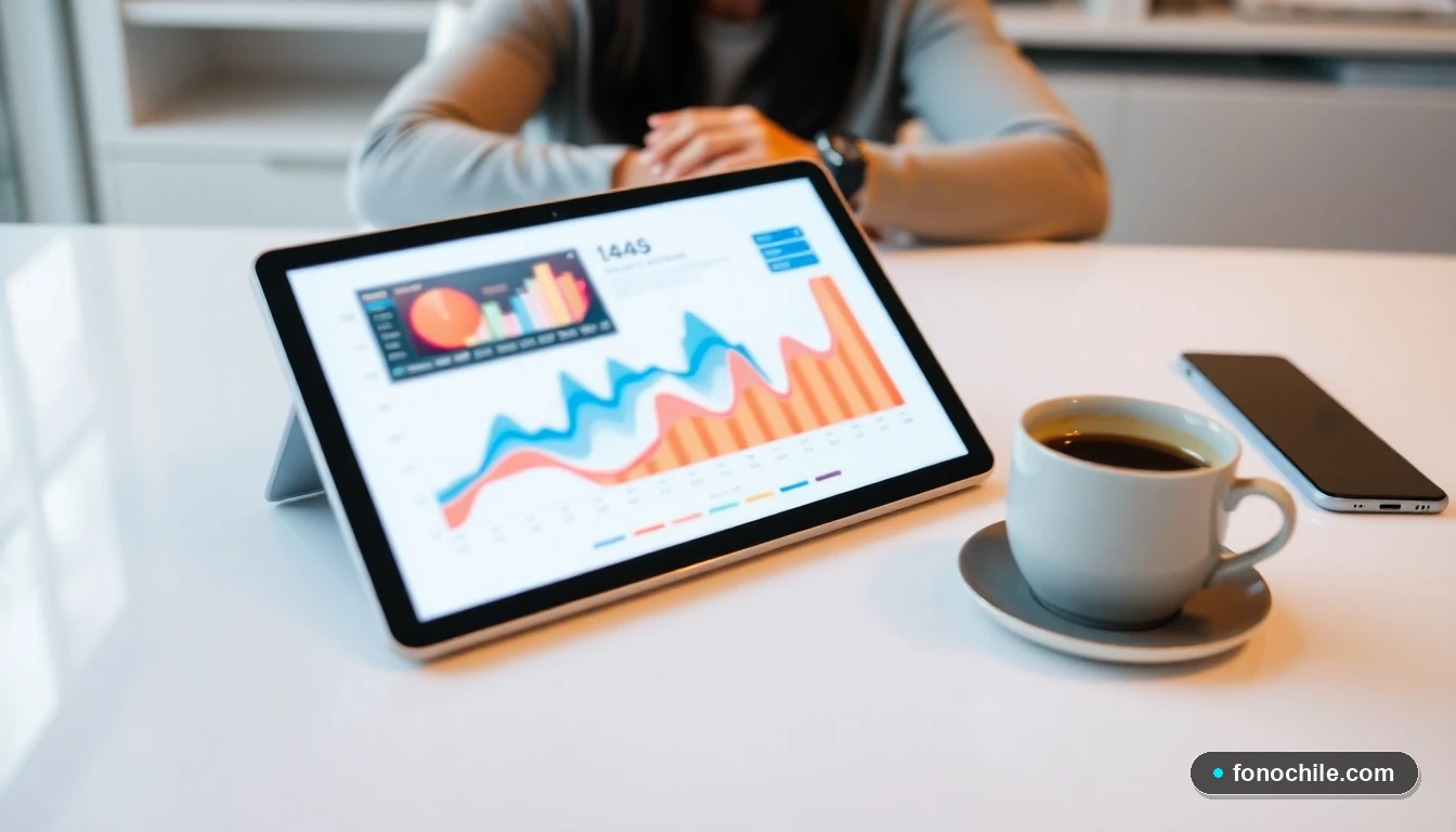 Tablet mostrando gráficos de datos sobre servicios automotrices en un escritorio moderno.