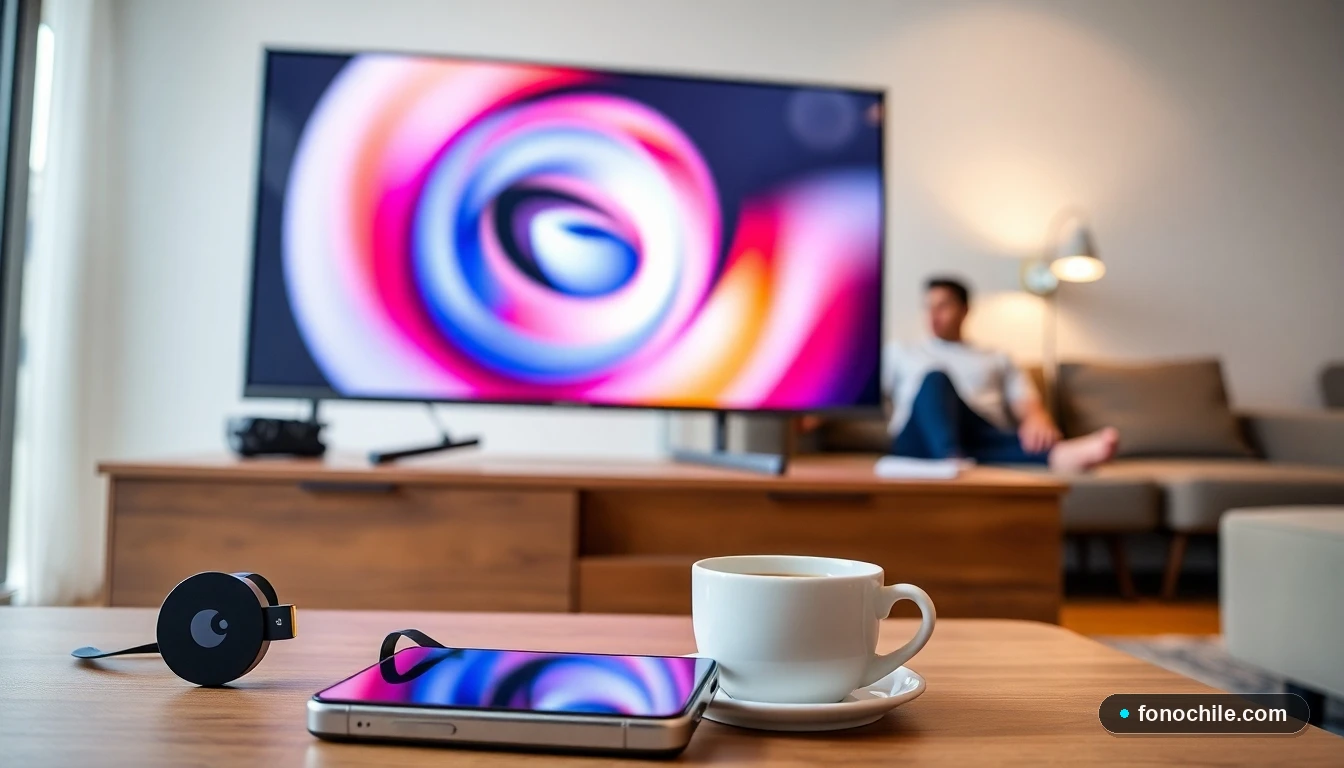 Dispositivo Chromecast conectado a un televisor moderno en una sala chilena, mostrando una pantalla de configuración abstracta.