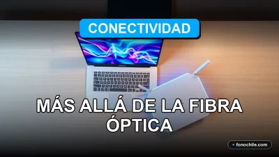 Una vista aérea de un moderno escritorio ejecutivo con una laptop abierta mostrando gráficos abstractos de datos y un router de última generación con luces LED azules, simbolizando la conectividad empresarial avanzada en Chile.