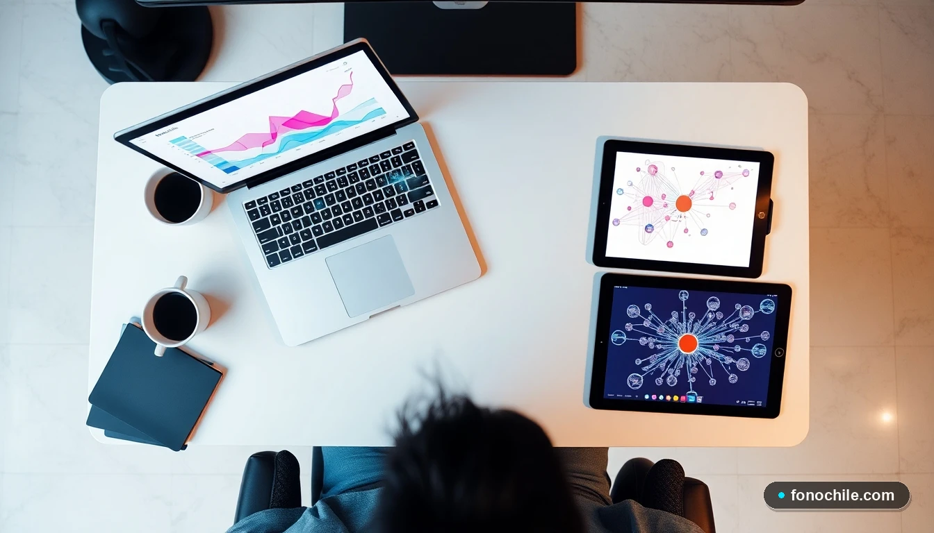 Escritorio moderno con dispositivos mostrando gráficos abstractos de conectividad de datos para empresas.