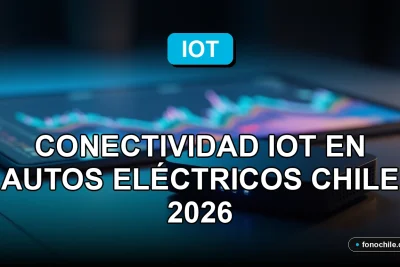 Conectividad IoT para autos eléctricos en Chile, gráficos de datos abstractos en pantalla, tecnología de red inteligente.