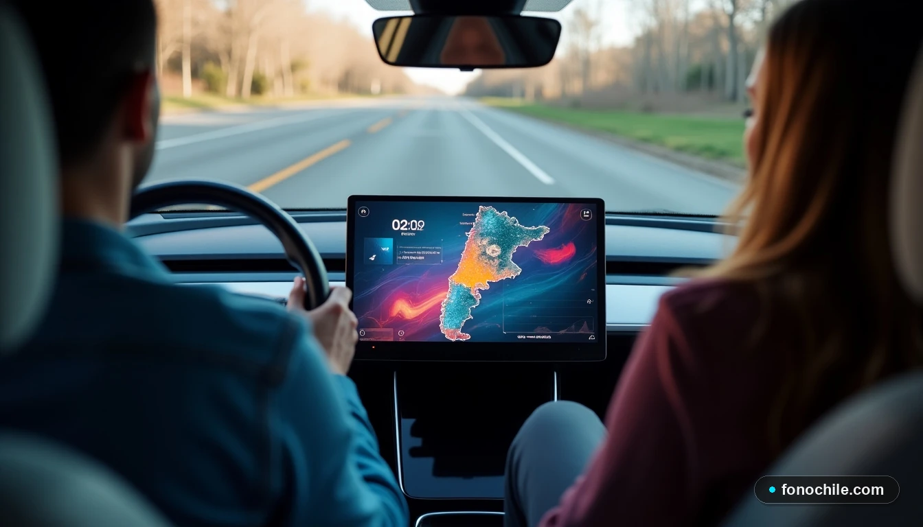 Pantalla de un auto eléctrico moderno mostrando gráficos de datos y un mapa de conectividad en Chile.