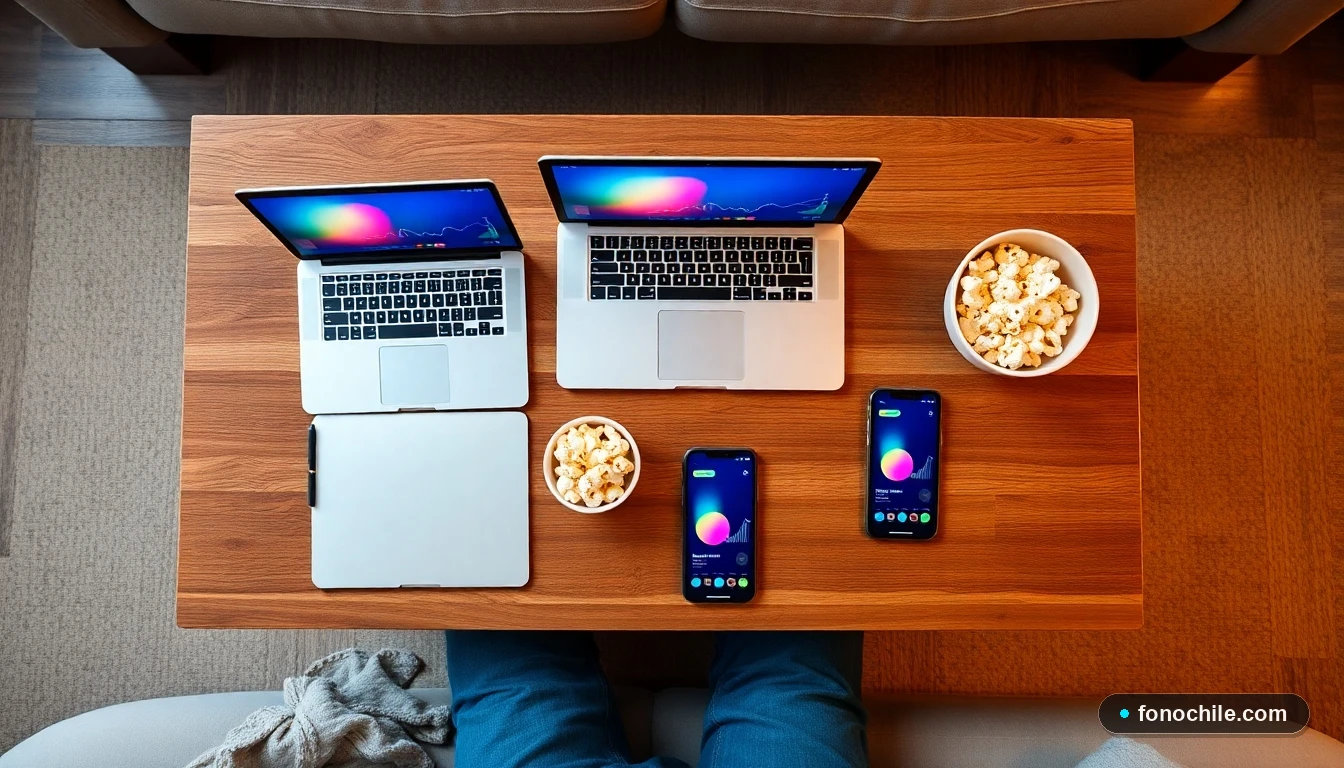 Dispositivos en una mesa mostrando una sesión de streaming grupal exitosa con gráficos de conexión estables en una sala chilena.