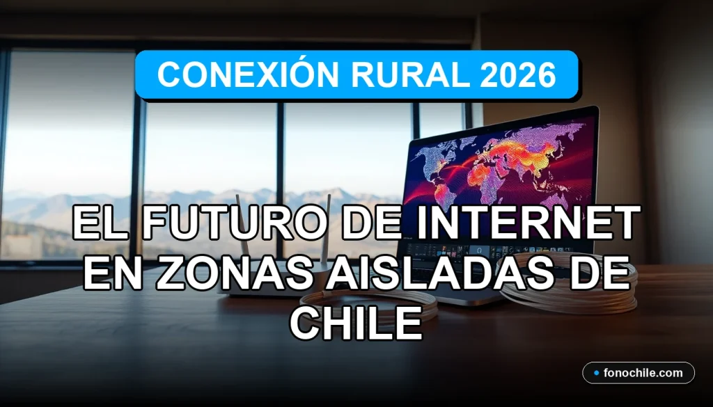 Proyecto de internet rural en Chile, gráficos abstractos de cobertura en una pantalla, vista aérea de paisaje montañoso.