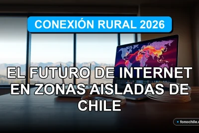 Proyecto de internet rural en Chile, gráficos abstractos de cobertura en una pantalla, vista aérea de paisaje montañoso.