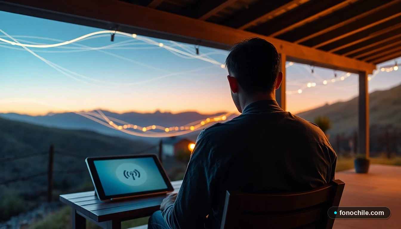 Representación abstracta de conectividad digital llegando a un valle rural remoto en Chile al atardecer, con un dispositivo sobre una mesa.