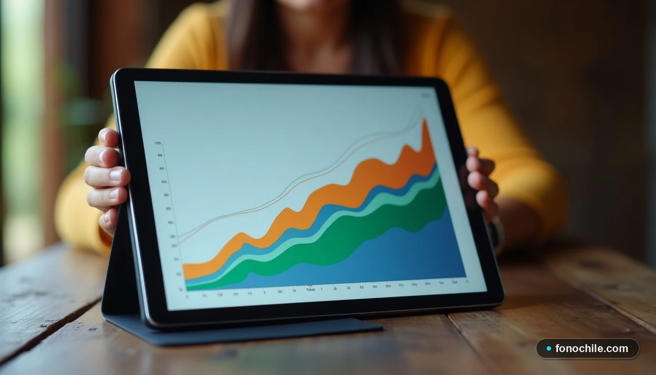 Gráfico abstracto de crecimiento de cobertura de internet satelital en zonas rurales de Chile, mostrado en una tableta sobre una mesa de madera.