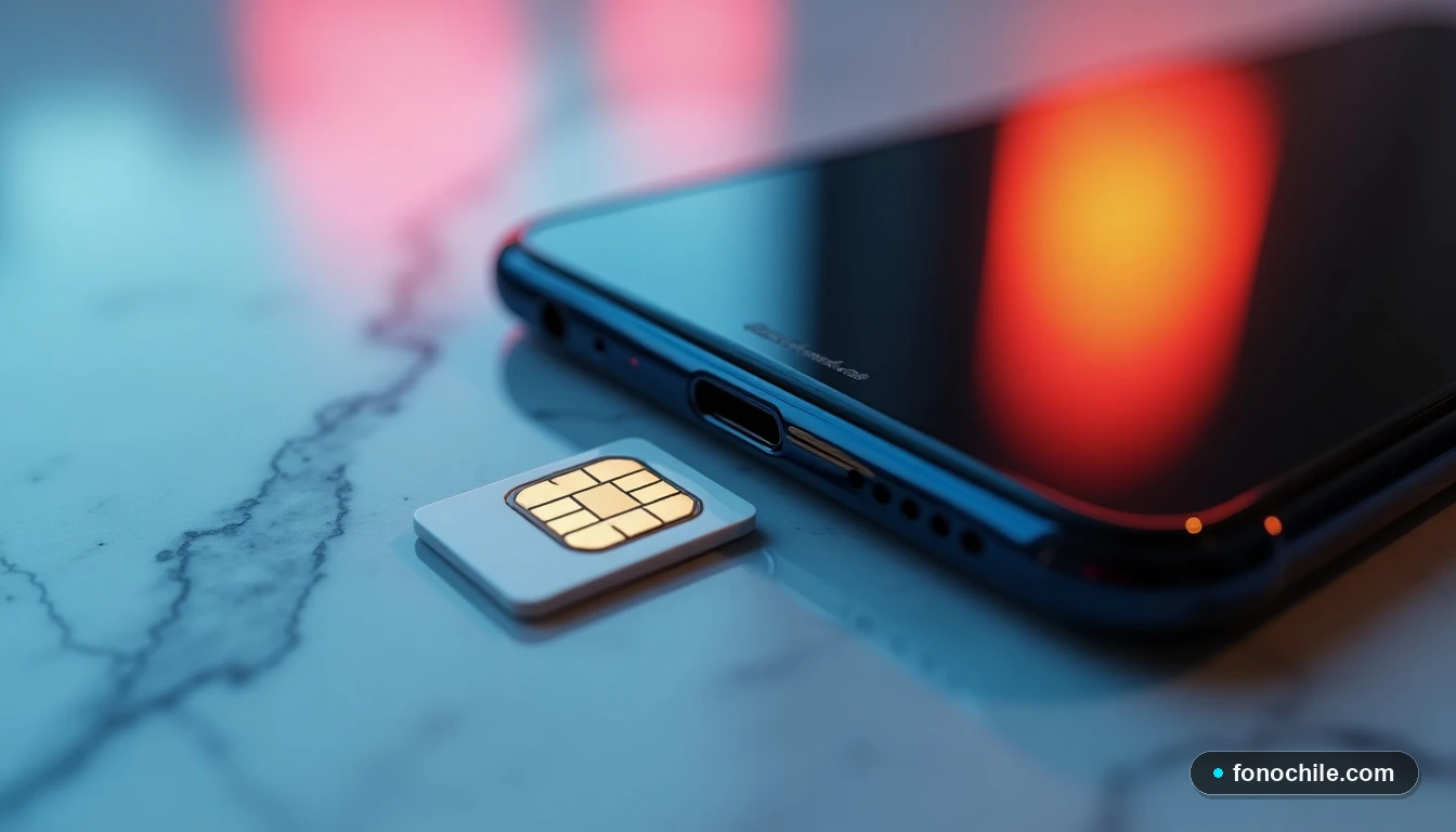 Tray de tarjeta SIM junto a un teléfono inteligente para configuración de APN GTD Manquehue