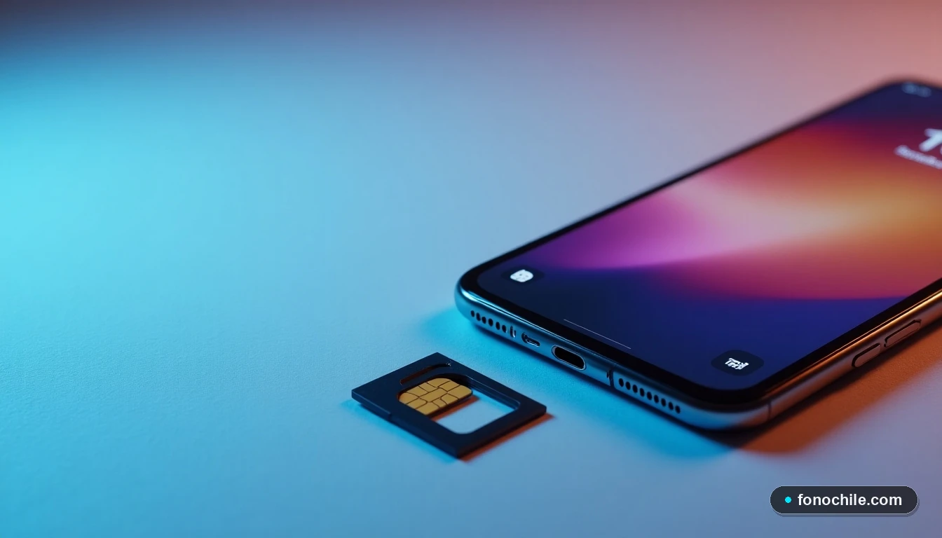 Trayectoria de la tarjeta SIM junto a un teléfono móvil mostrando una interfaz genérica, concepto de configuración de red.