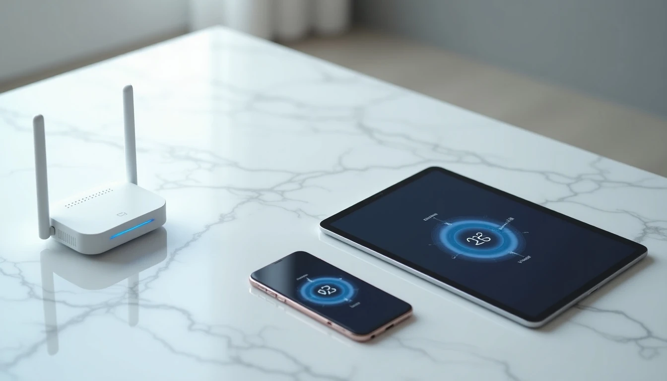 Dispositivos móviles y router mostrando configuración de red APN para una conexión óptima.