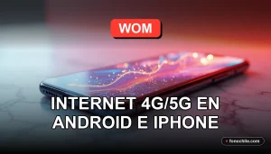 Configuración del APN de WOM en un teléfono inteligente mostrando gráficos abstractos de conexión, sobre una mesa moderna.