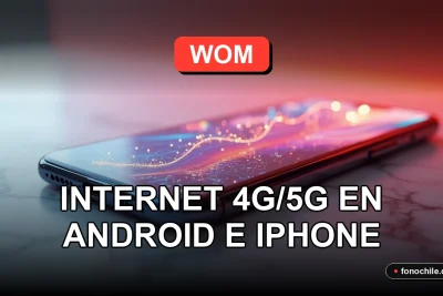 Configuración del APN de WOM en un teléfono inteligente mostrando gráficos abstractos de conexión, sobre una mesa moderna.