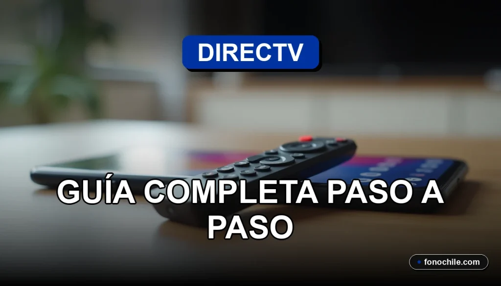 Control remoto DIRECTV y un smartphone moderno sobre una mesa de madera clara, mostrando una interfaz de configuración abstracta.