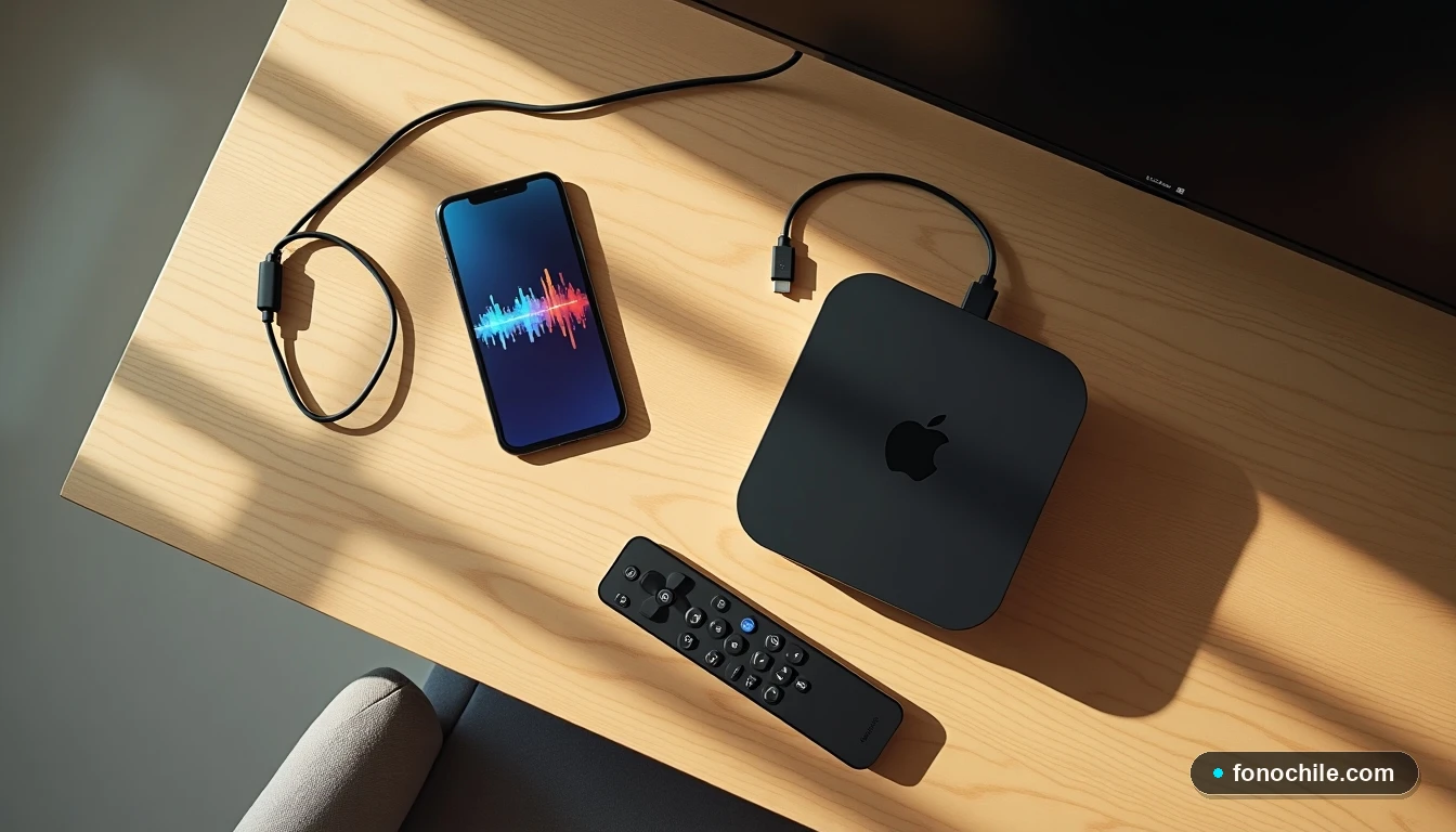 Vista superior plana de los componentes para configurar DIRECTV: control remoto, smartphone, decodificador y cable, organizados sobre una mesa.