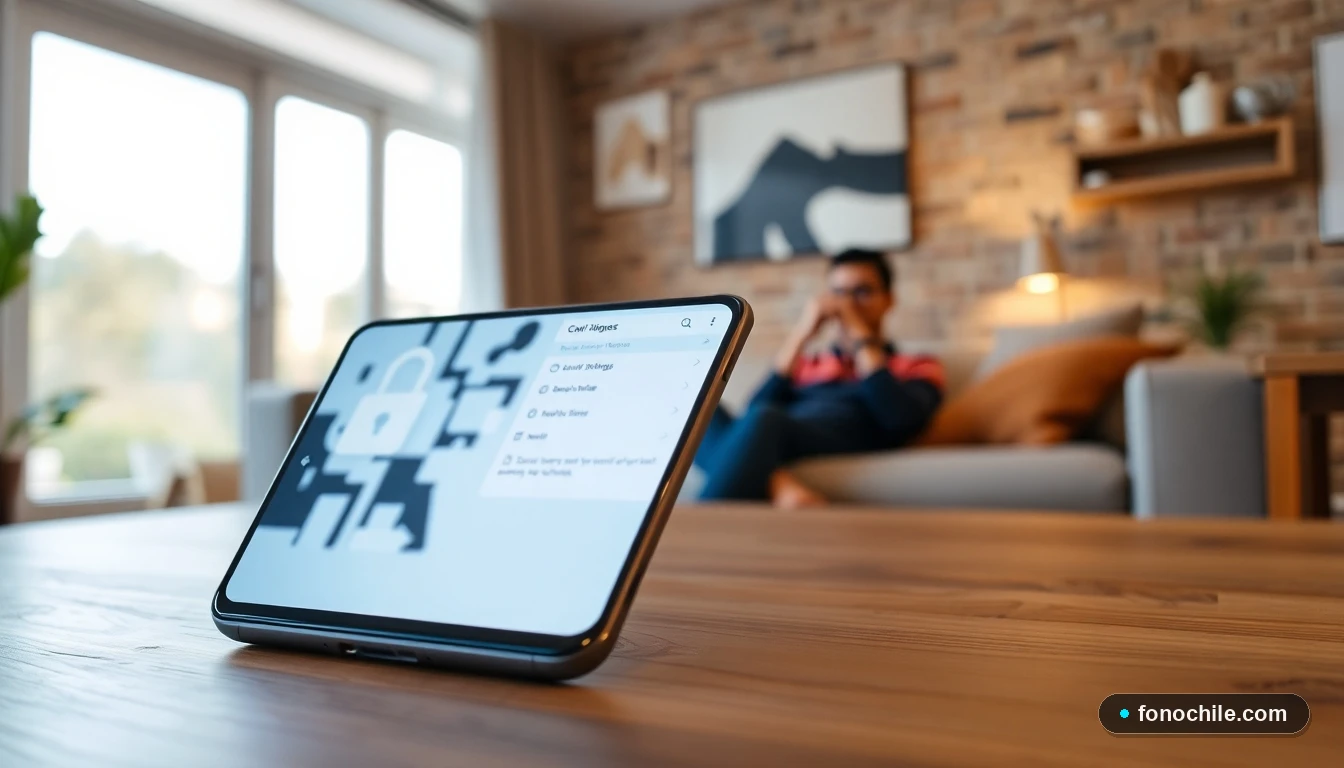 Smartphone Android mostrando una interfaz abstracta de ajustes de seguridad y red en un entorno doméstico chileno.