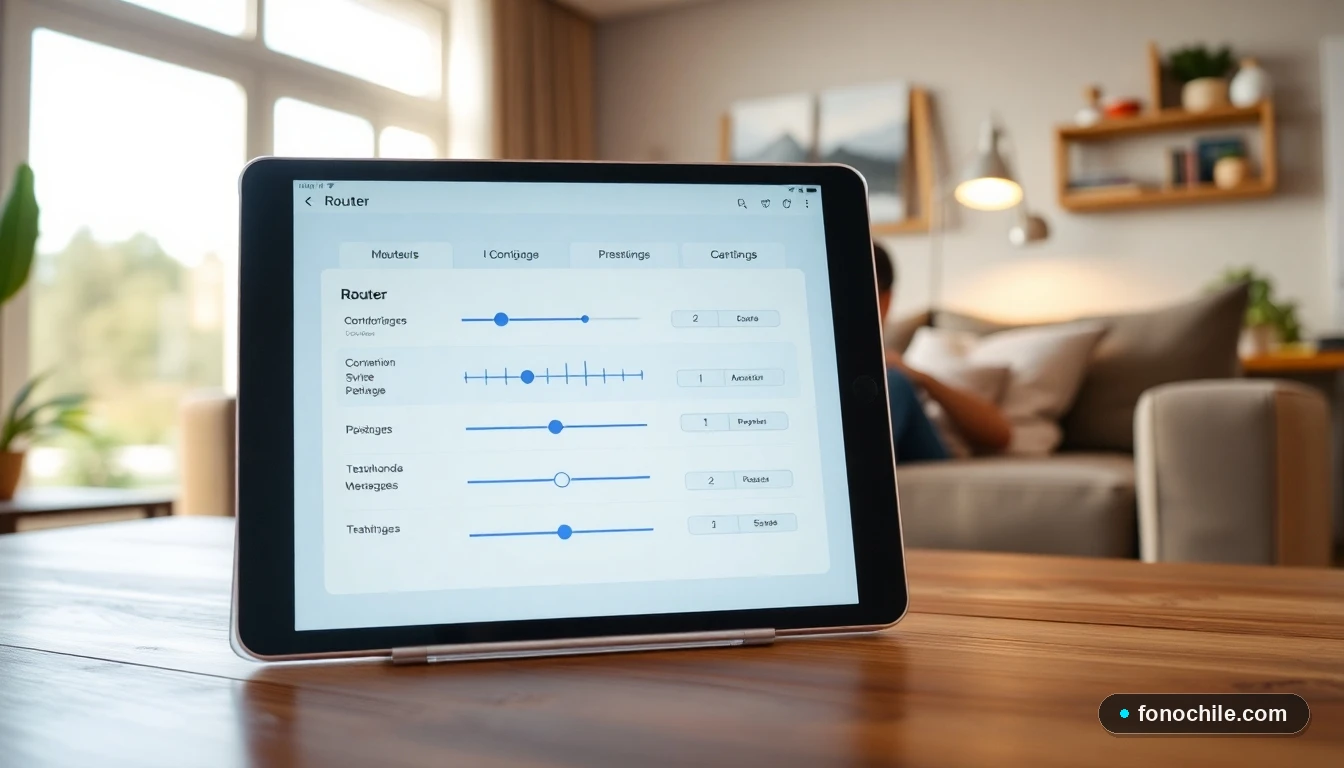 Panel de configuración avanzada de un router mostrando ajustes de canales y QoS en una tableta.
