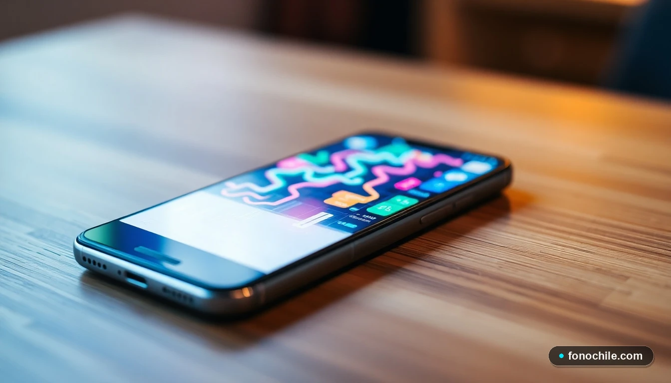 Pantalla de smartphone mostrando gráficos abstractos de señal y configuración de red móvil en colores vibrantes.