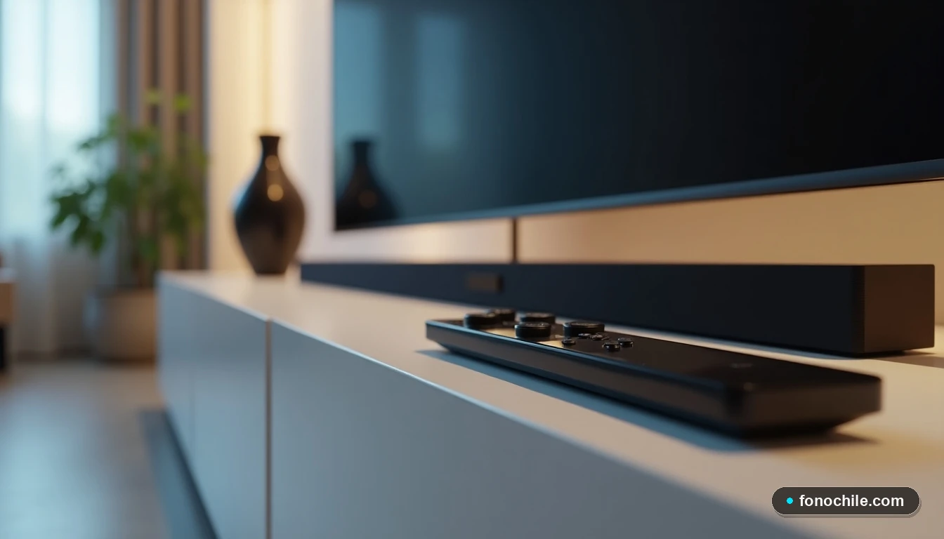 Detalle del control remoto VTR y una barra de sonido alineados frente a un televisor moderno en un ambiente ordenado.