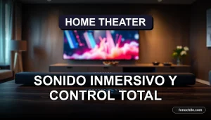 Configuración moderna de cine en casa con barra de sonido, subwoofer y control remoto en una mesa de centro de madera oscura.