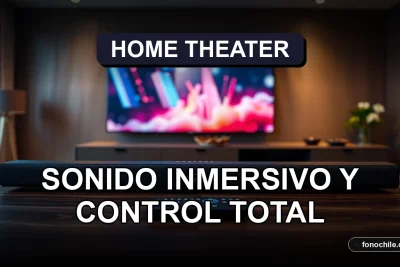 Configuración moderna de cine en casa con barra de sonido, subwoofer y control remoto en una mesa de centro de madera oscura.