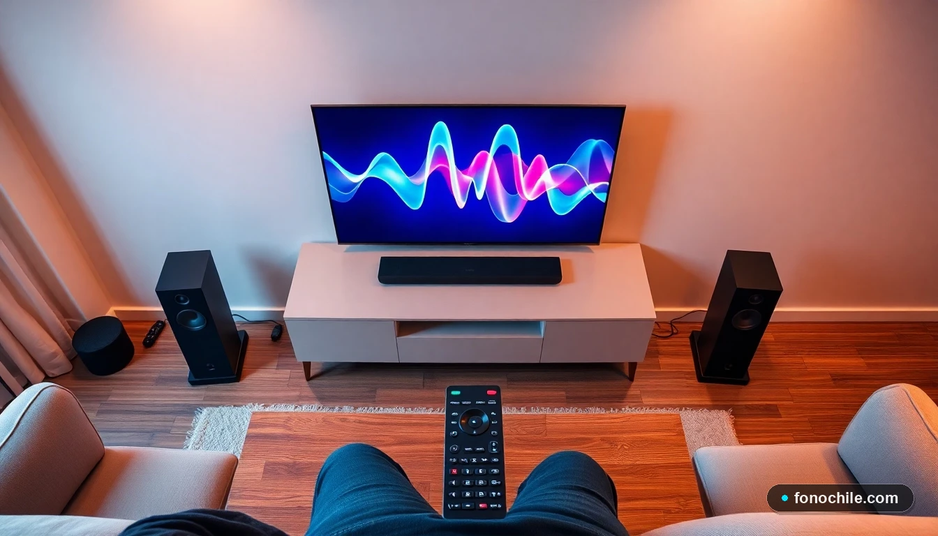Configuración completa de un sistema de cine en casa moderno con televisor, barra de sonido, altavoces y control remoto universal sobre mesa de centro.