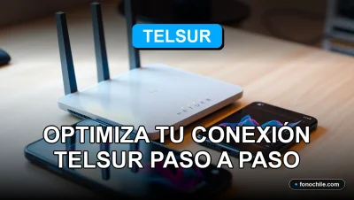 Un moderno router WiFi de Telsur sobre una mesa de madera, con luces LED azules y gráficos abstractos en una pantalla borrosa.