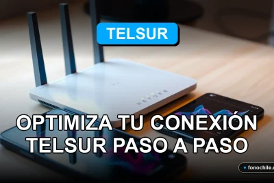 Un moderno router WiFi de Telsur sobre una mesa de madera, con luces LED azules y gráficos abstractos en una pantalla borrosa.