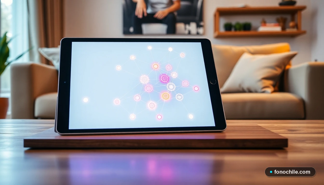 Diagrama abstracto y colorido de una red WiFi moderna mostrado en una tablet sobre una mesa de madera.