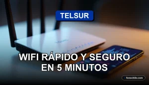 Moderno router WiFi de Telsur sobre mesa de madera clara con luces LED azules, mostrando gráficos abstractos en pantalla.