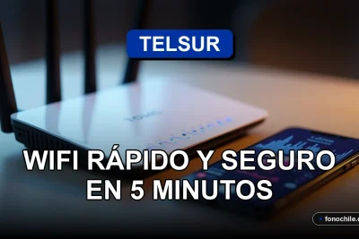 Moderno router WiFi de Telsur sobre mesa de madera clara con luces LED azules, mostrando gráficos abstractos en pantalla.