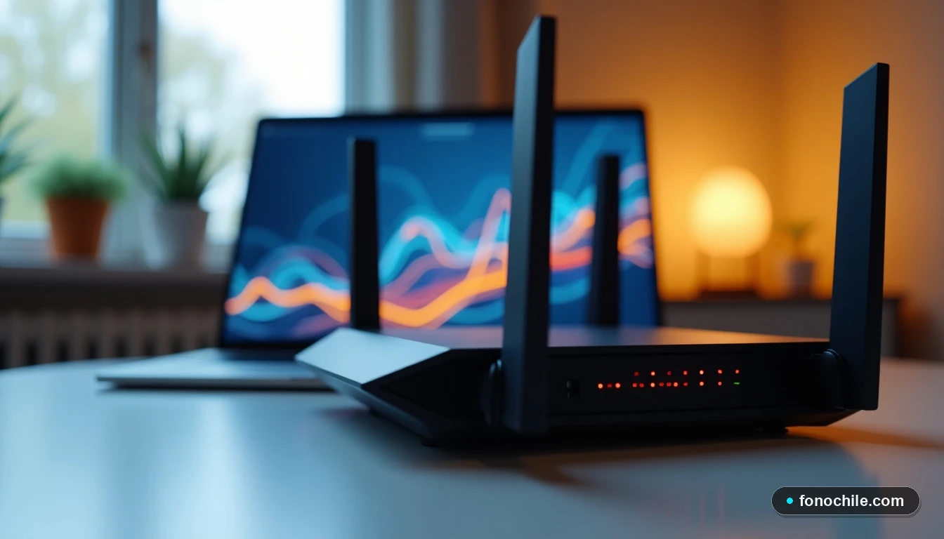 Vista lateral del router Telsur en entorno doméstico, con laptop mostrando visualización de datos abstracta al fondo.