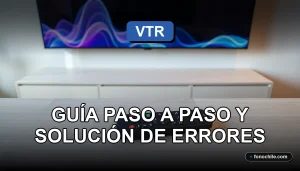 Guía de configuración de la aplicación VTR Play en una pantalla de televisor moderna, mostrando gráficos abstractos de colores.