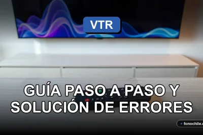 Guía de configuración de la aplicación VTR Play en una pantalla de televisor moderna, mostrando gráficos abstractos de colores.