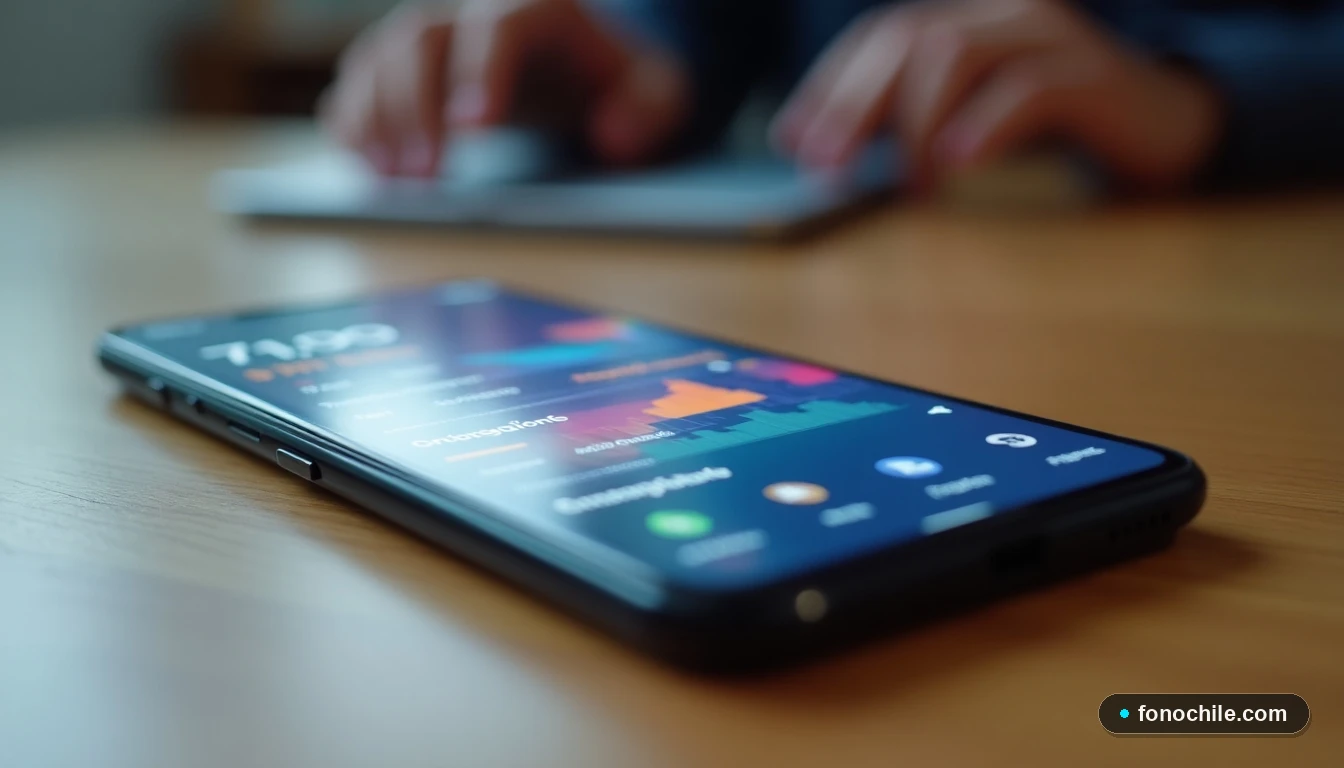 Configuración del APN de Entel en un teléfono móvil mostrando gráficos de red abstractos y coloridos.