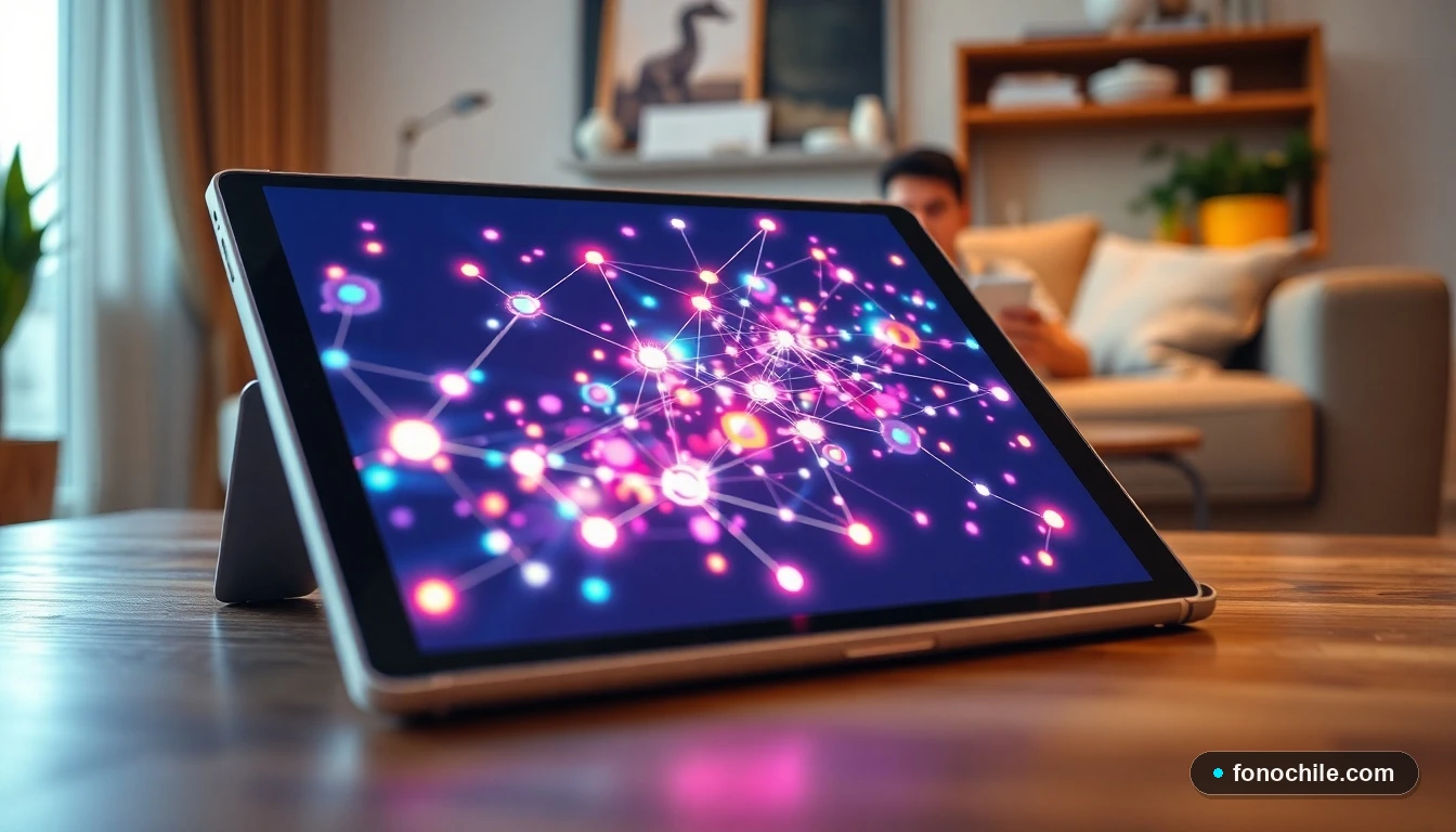 Diagrama abstracto de conexión de red para configuración de decodificador en tablet sobre mesa de madera.