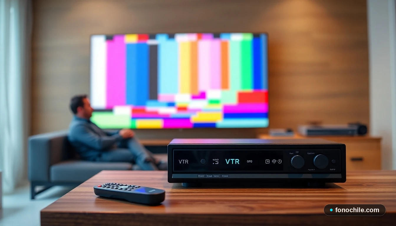 Decodificador VTR moderno conectado a un televisor en un hogar chileno, mostrando una señal de prueba en pantalla.