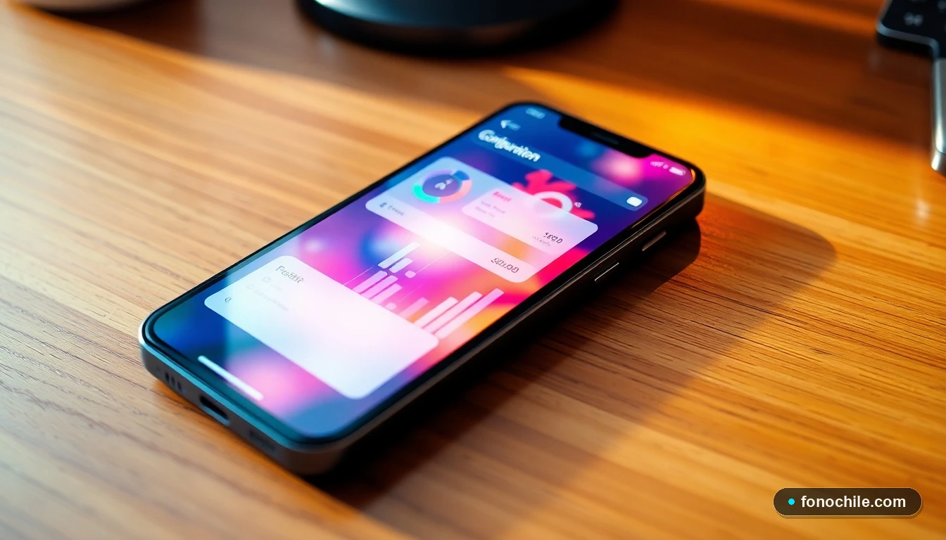 Pantalla de smartphone mostrando una interfaz abstracta de configuración de red móvil con gráficos de colores vibrantes.