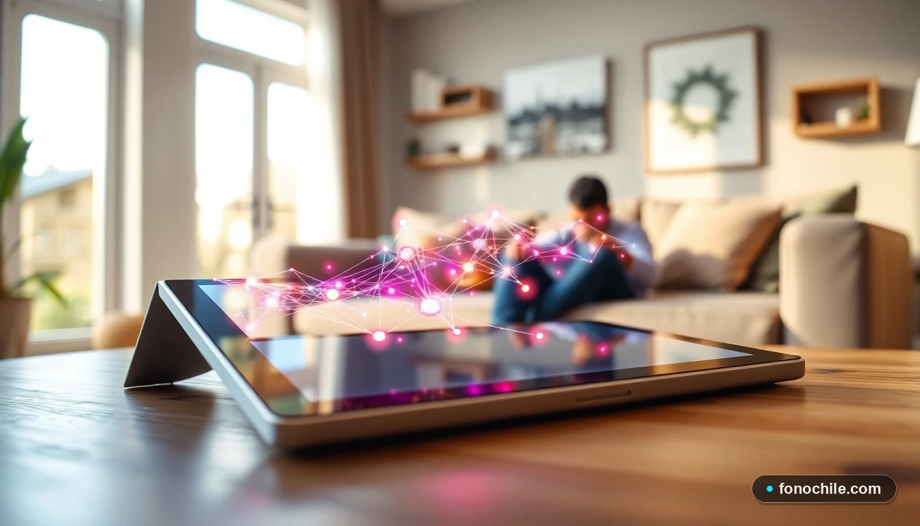 Gráfico abstracto y colorido de conectividad de red WiFi mostrando señal óptima, visualizado en una tablet en un hogar chileno.