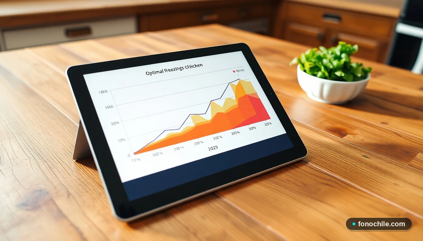 Gráfico visual sobre tiempos óptimos de congelación para diferentes cortes de pollo, mostrado en una tablet.