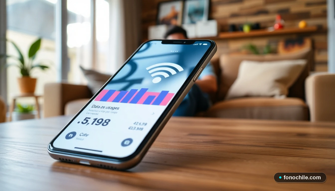 Smartphone mostrando gráficos abstractos de consumo de datos en un entorno hogareño en Chile, concepto de ahorro móvil.